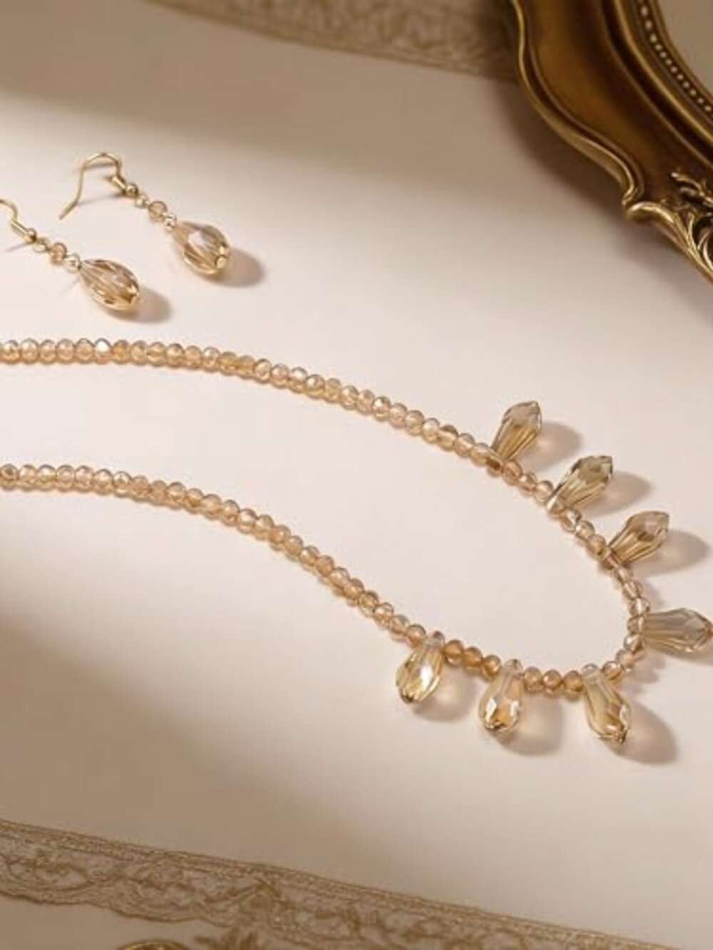 Glass Bead Necklace Earrings‎ for Women 16K Gold Plated Dainty Crystal Beads